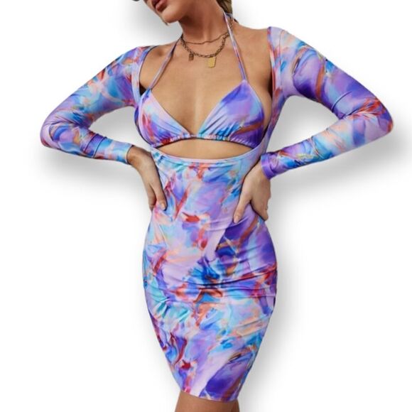 SHEIN PURPLE & BLUE TIE-DYE BODYCON BACKLESS DRESS SZ.M EUC - Picture 2 of 11